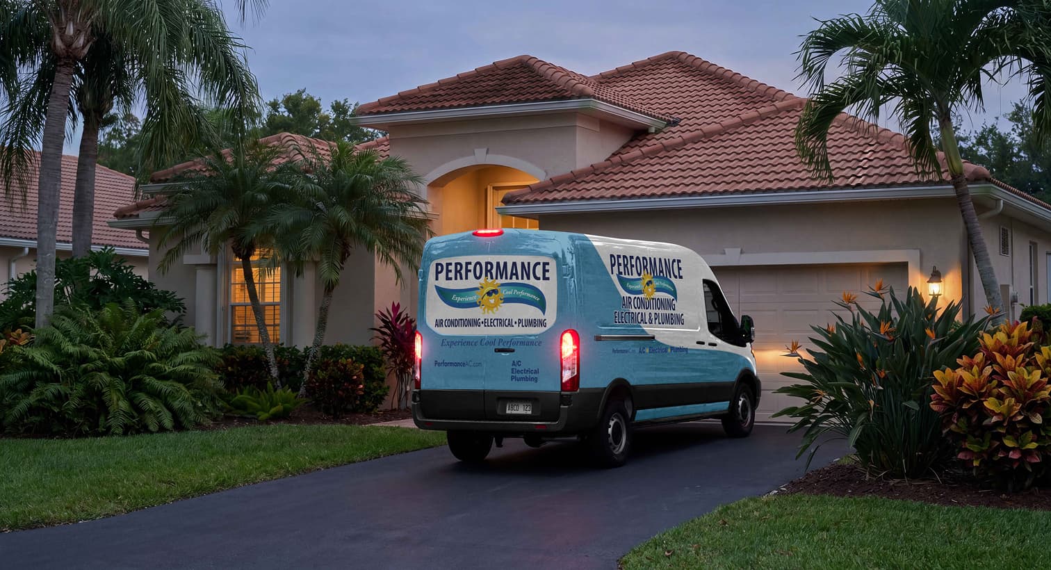 A Performance service van parked in a residential driveway at dusk, arriving to provide 24/7 emergency AC repair services.