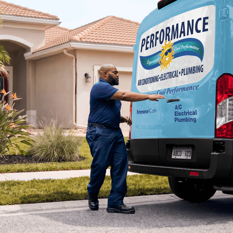 A Performance technician arrives at a home ready to provide expert HVAC, plumbing, and electrical services.